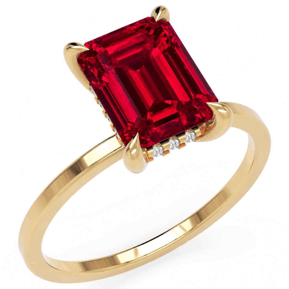 Inel de Logodnă Windsor din Aur 18k cu Rubin Creat în Laborator Emerald Cut 9x7 mm și Diamante Create în Laborator din 18k Aur Galben - Castelo.ro