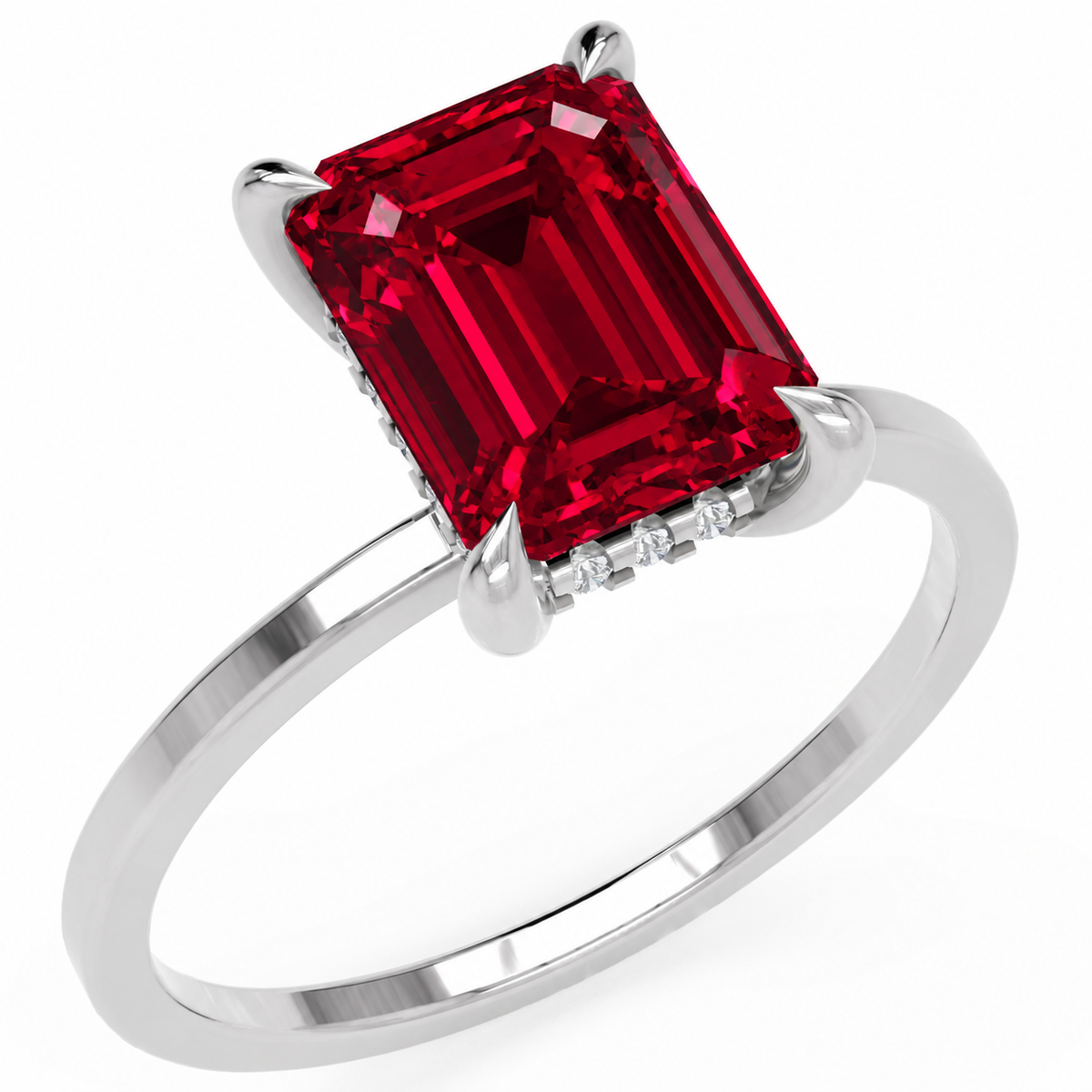 Inel de Logodnă Windsor din Aur 14k cu Rubin Creat în Laborator Emerald Cut 9x7 mm și Diamante Create în Laborator din 14k Aur Alb - Castelo.ro