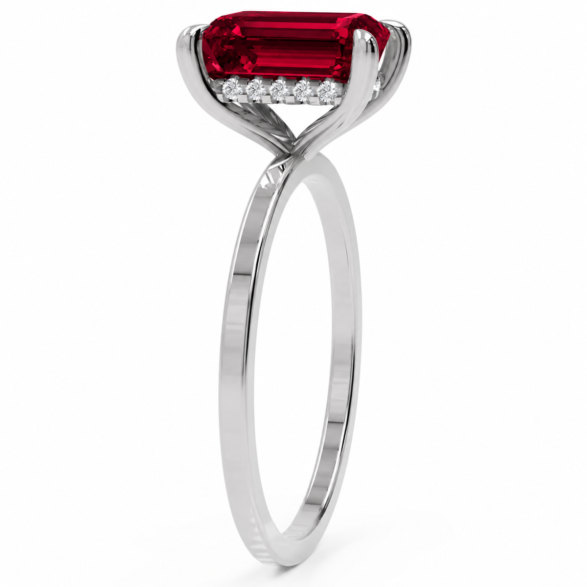 Inel de Logodnă Windsor din Aur 14k cu Rubin Creat în Laborator Emerald Cut 9x7 mm și Diamante Create în Laborator din 14k Aur Alb - Castelo.ro