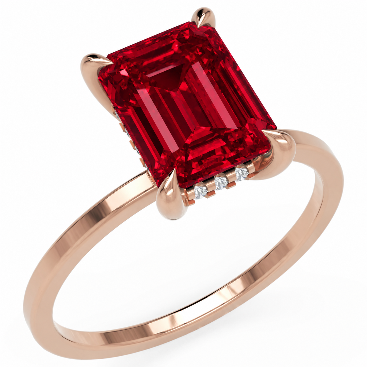 Inel de Logodnă Windsor din Aur 18k cu Rubin Creat în Laborator Emerald Cut 9x7 mm și Diamante Create în Laborator din 18k Aur Roz - Castelo.ro
