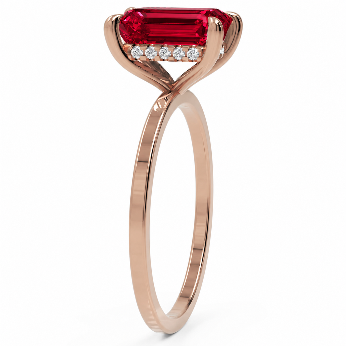 Inel de Logodnă Windsor din Aur 14k cu Rubin Creat în Laborator Emerald Cut 9x7 mm și Diamante Create în Laborator din 14k Aur Roz - Castelo.ro
