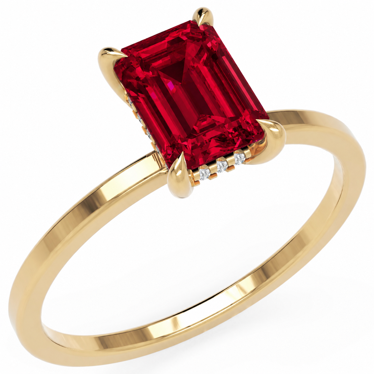 Inel de Logodnă Windsor din Aur 14k cu Rubin Creat în Laborator Emerald Cut 8x6 mm și Diamante Create în Laborator din 14k Aur Galben - Castelo.ro