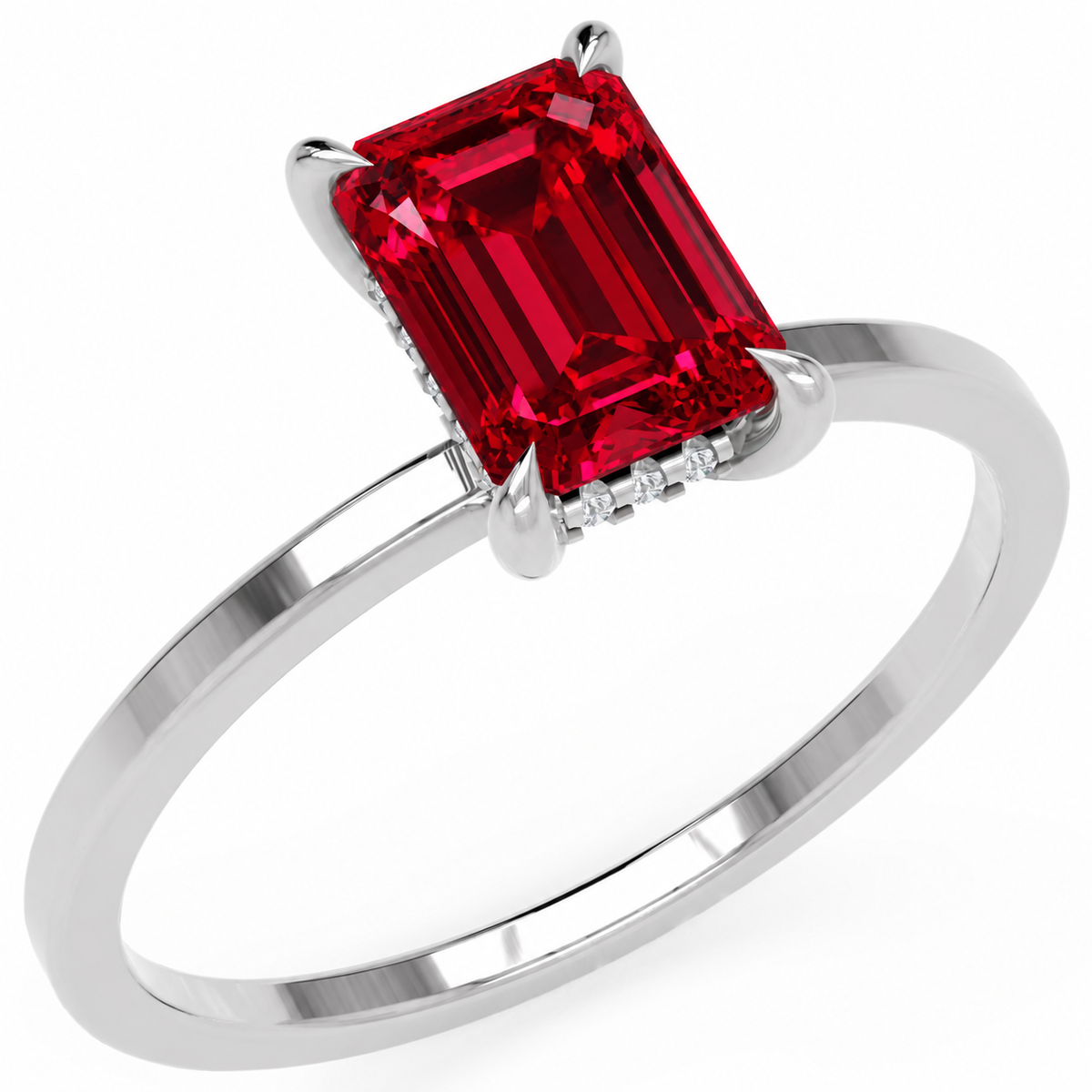 Inel de Logodnă Windsor din Aur 18k cu Rubin Creat în Laborator Emerald Cut 8x6 mm și Diamante Create în Laborator din Platina - Castelo.ro