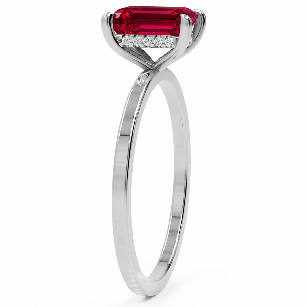 Inel de Logodnă Windsor din Aur 14k cu Rubin Creat în Laborator Emerald Cut 8x6 mm și Diamante Create în Laborator din 14k Aur Alb - Castelo.ro