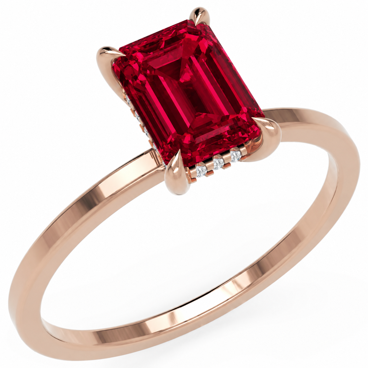 Inel de Logodnă Windsor din Aur 14k cu Rubin Creat în Laborator Emerald Cut 8x6 mm și Diamante Create în Laborator din 14k Aur Roz - Castelo.ro