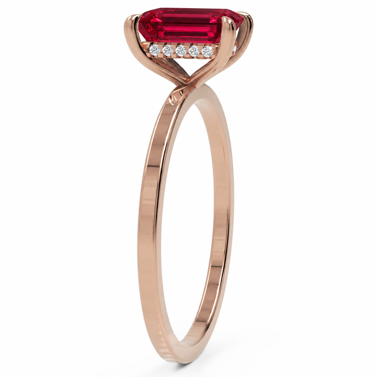 Inel de Logodnă Windsor din Aur 14k cu Rubin Creat în Laborator Emerald Cut 8x6 mm și Diamante Create în Laborator din 14k Aur Roz - Castelo.ro