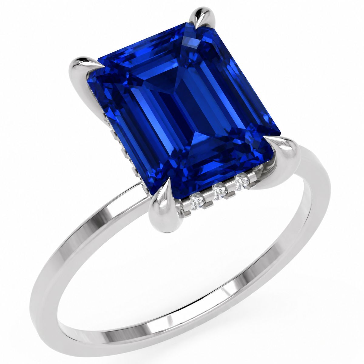 Inel de Logodnă Windsor din Aur 14k cu Safir Creat în Laborator Emerald Cut 10x8 mm și Diamante Create în Laborator din 14k Aur Alb - Castelo.ro