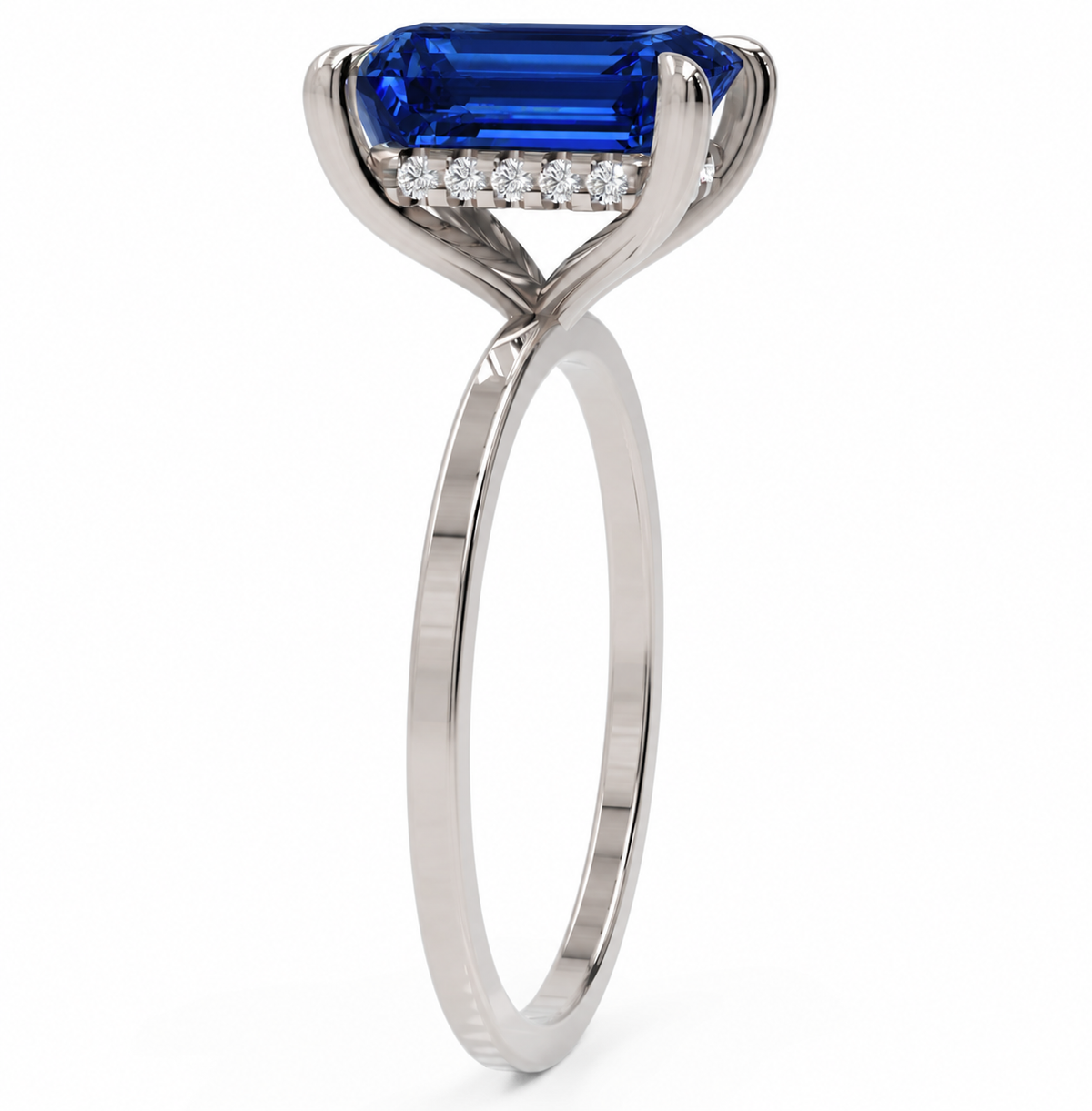 Inel de Logodnă Windsor din Aur 14k cu Safir Creat în Laborator Emerald Cut 10x8 mm și Diamante Create în Laborator din 14k Aur Alb - Castelo.ro