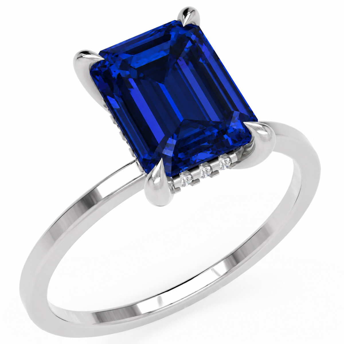 Inel de Logodnă Windsor din Aur 14k cu Safir Creat în Laborator Emerald Cut 9x7 mm și Diamante Create în Laborator din 14k Aur Alb - Castelo.ro