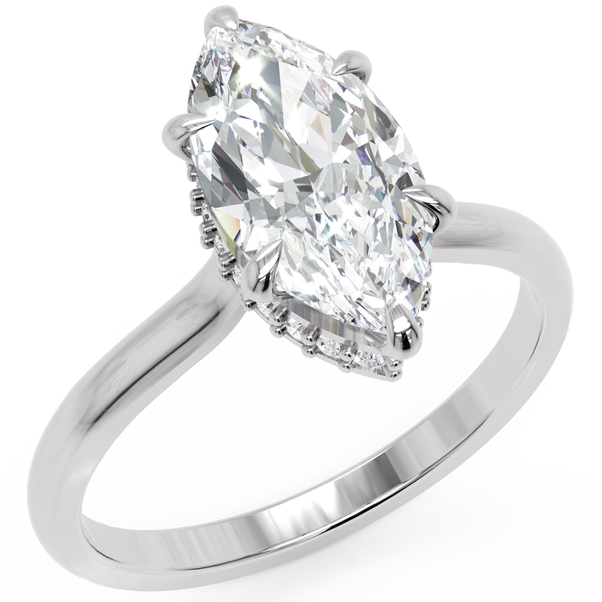 Inel de Logodnă Solitaire din Aur 18k cu Moissanite Marquise si Halo Ascuns de 1.48 ct din Platina - Castelo.ro