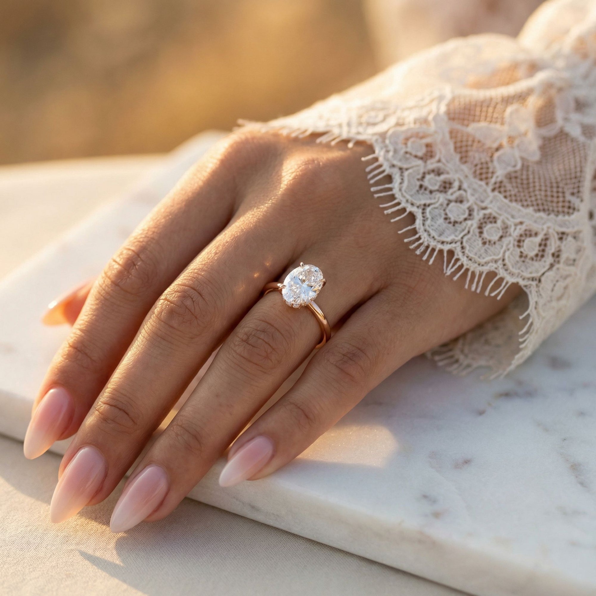 Inel de Logodnă Solitaire Oval cu Halo Ascuns din Aur 14k cu Moissanite de 1.2 ct din 14k Aur Roz - Castelo.ro
