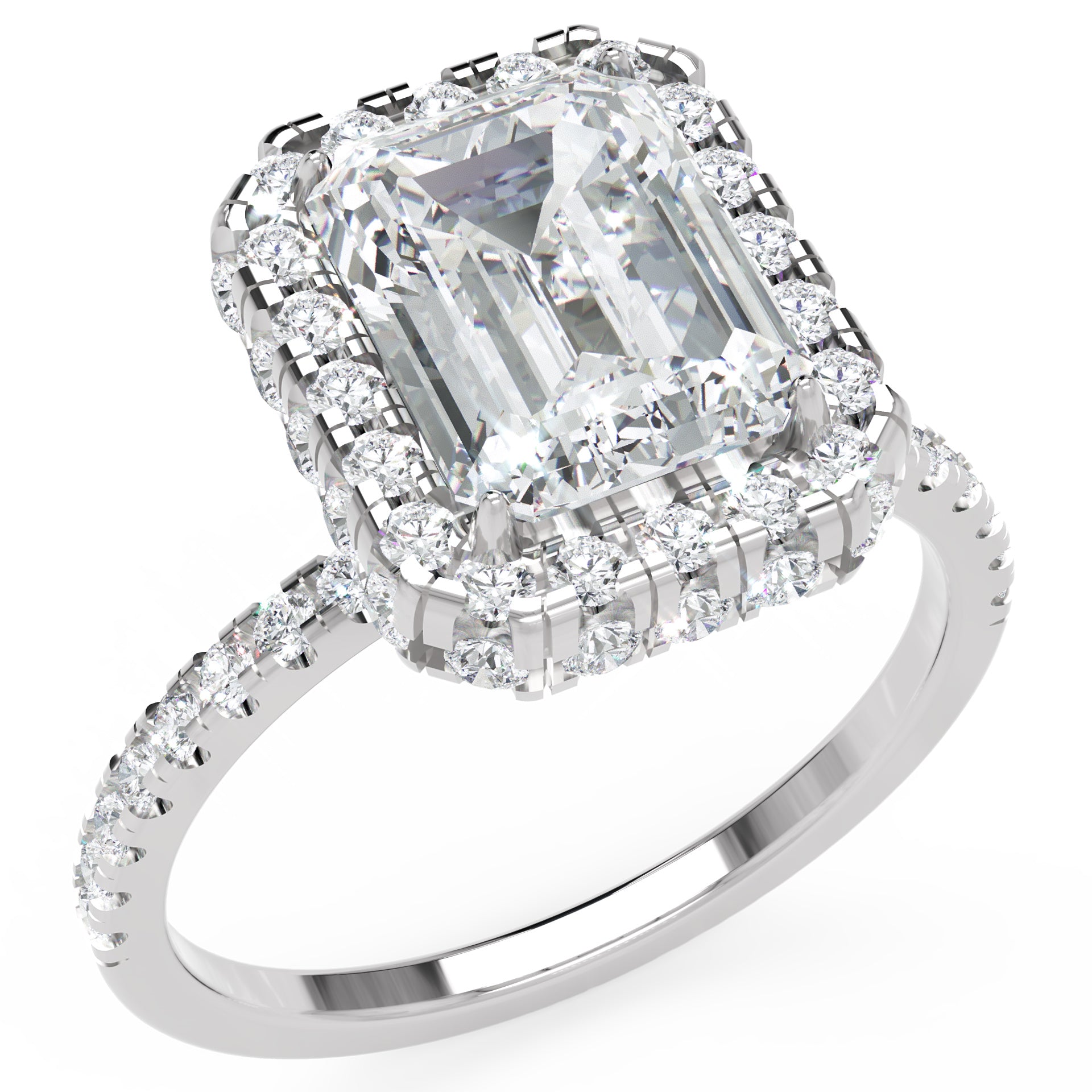 Inel de Logodnă Emerald Pave din Aur 14k cu Moissanite și Halo de 2.9 ct din 14k Aur Alb - Castelo.ro