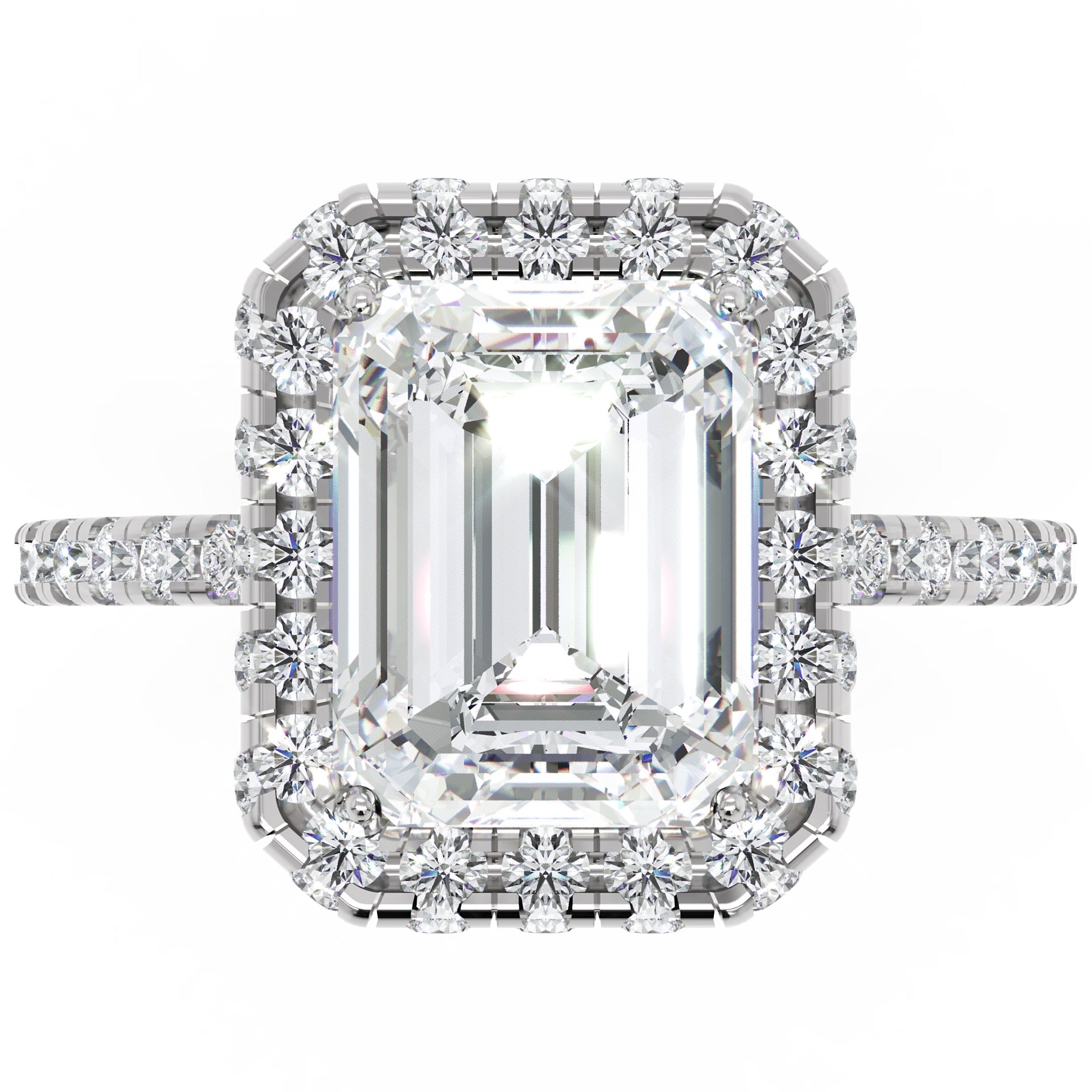 Inel de Logodnă Emerald Pave din Aur 14k cu Moissanite și Halo de 2.9 ct din 14k Aur Alb - Castelo.ro