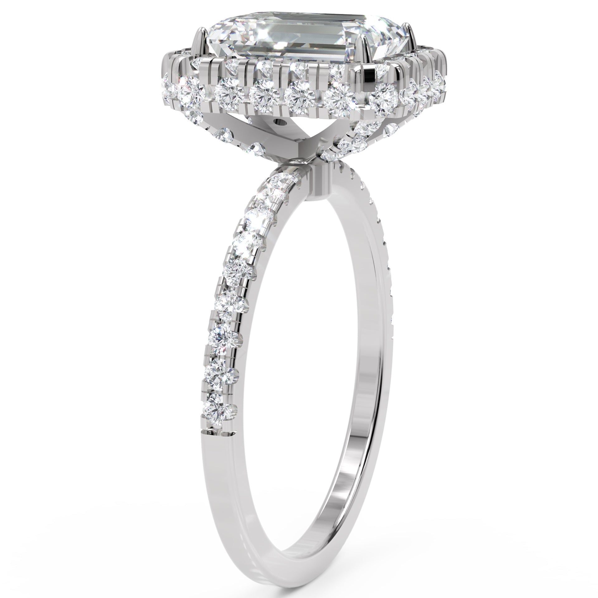 Inel de Logodnă Emerald Pave din Aur 14k cu Moissanite și Halo de 2.9 ct din 14k Aur Alb - Castelo.ro