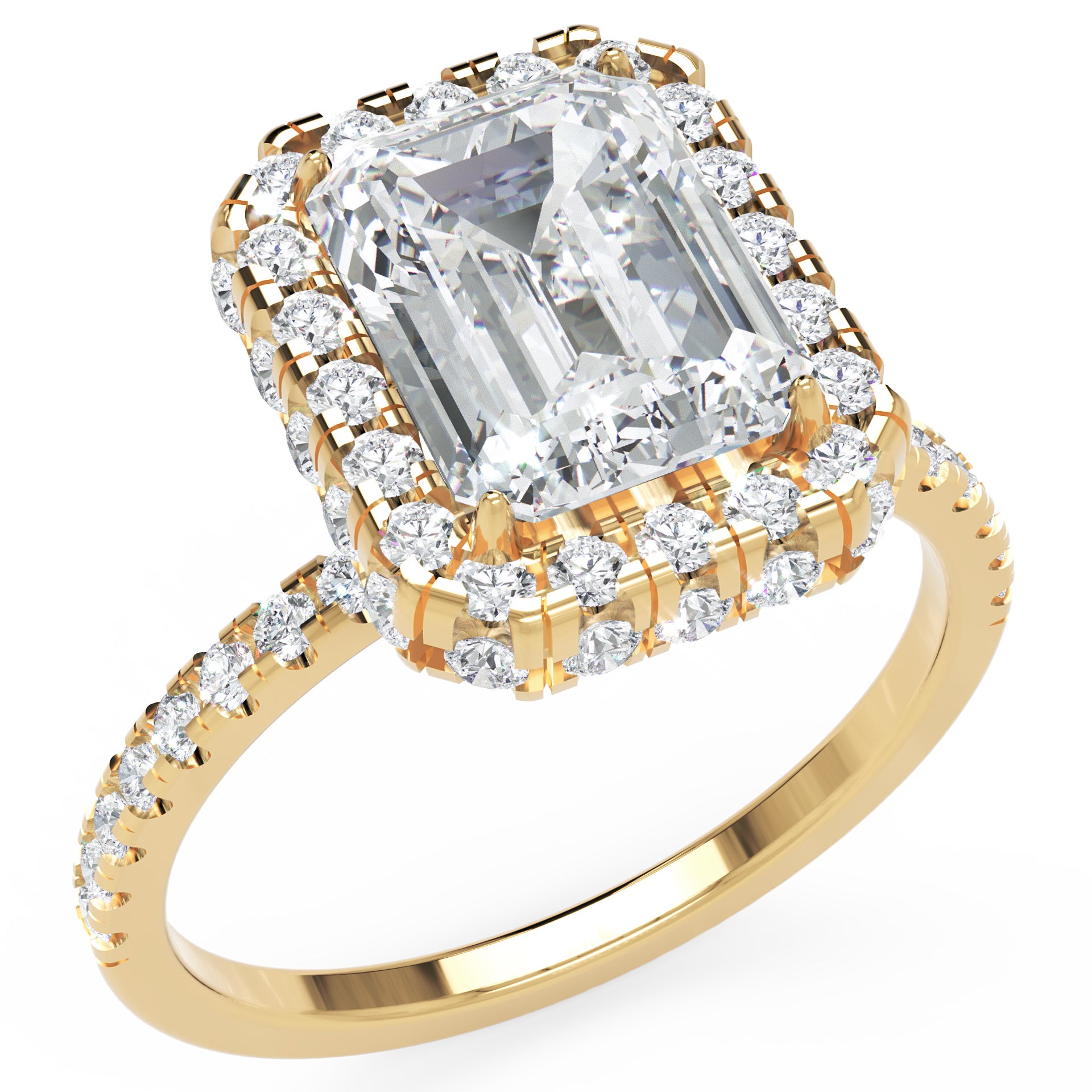 Inel de Logodnă Emerald Pave din Aur 14k cu Moissanite și Halo de 2.9 ct din 14k Aur Galben - Castelo.ro