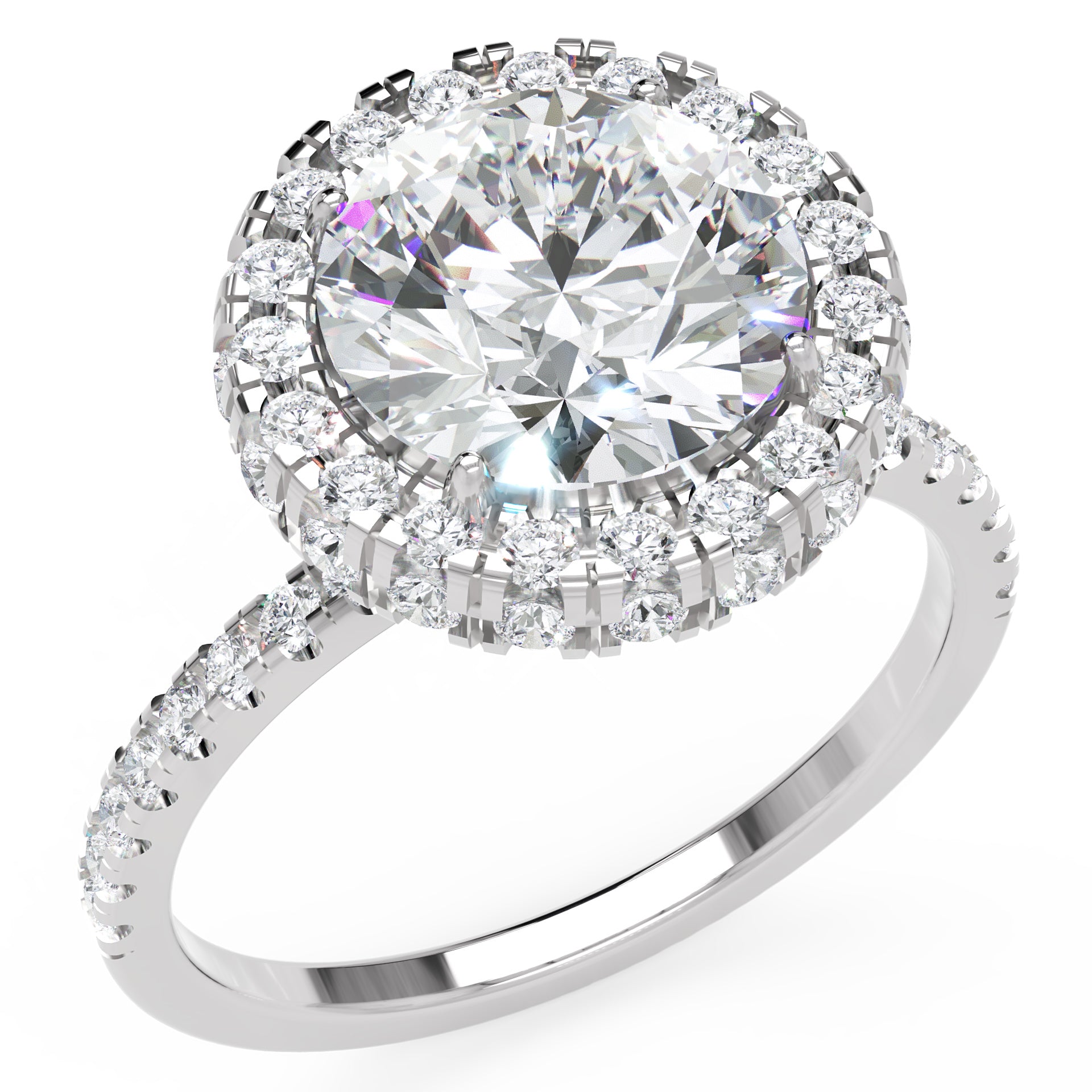 Inel de Logodnă Rotund Pave din Aur 18k cu Moissanite și Halo de 2.9 ct din Platina - Castelo.ro