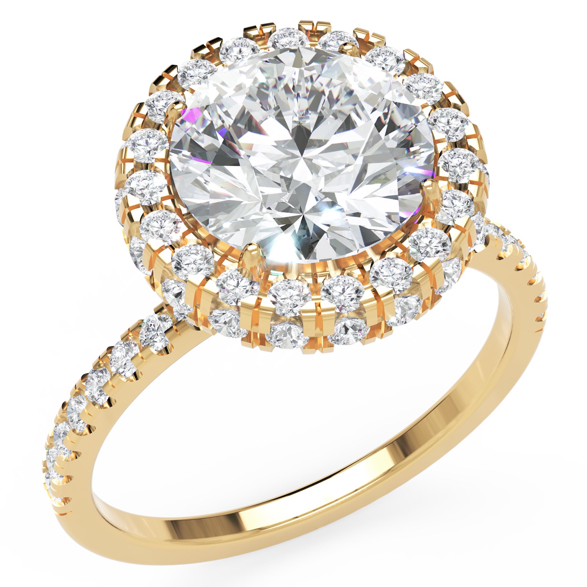 Inel de Logodnă Rotund Pave din Aur 18k cu Moissanite și Halo de 2.9 ct din 18k Aur Galben - Castelo.ro