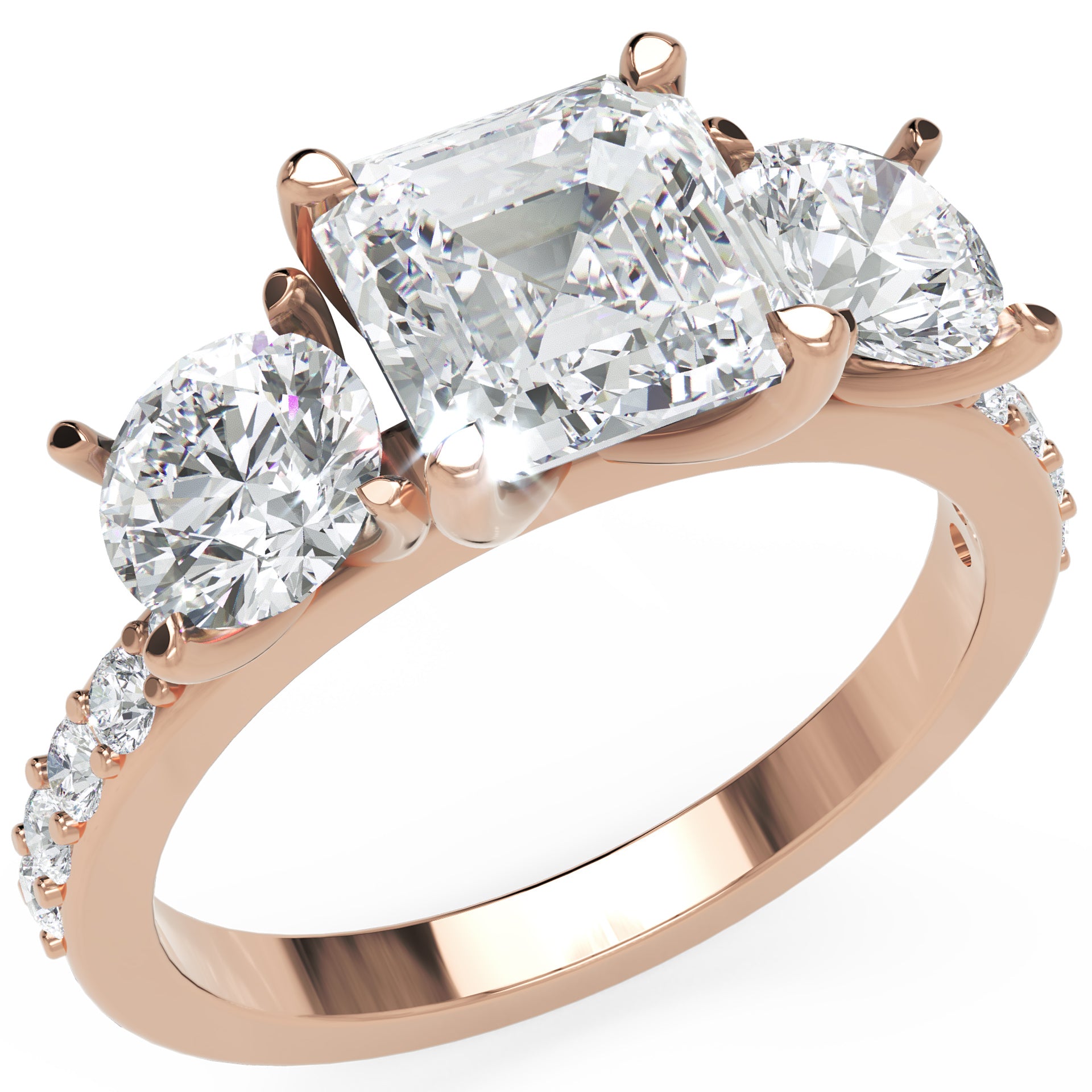 Inel de Logodnă Pave Ava cu Trei Moissanite de 2.6 ct din 18k Aur Roz - Castelo.ro