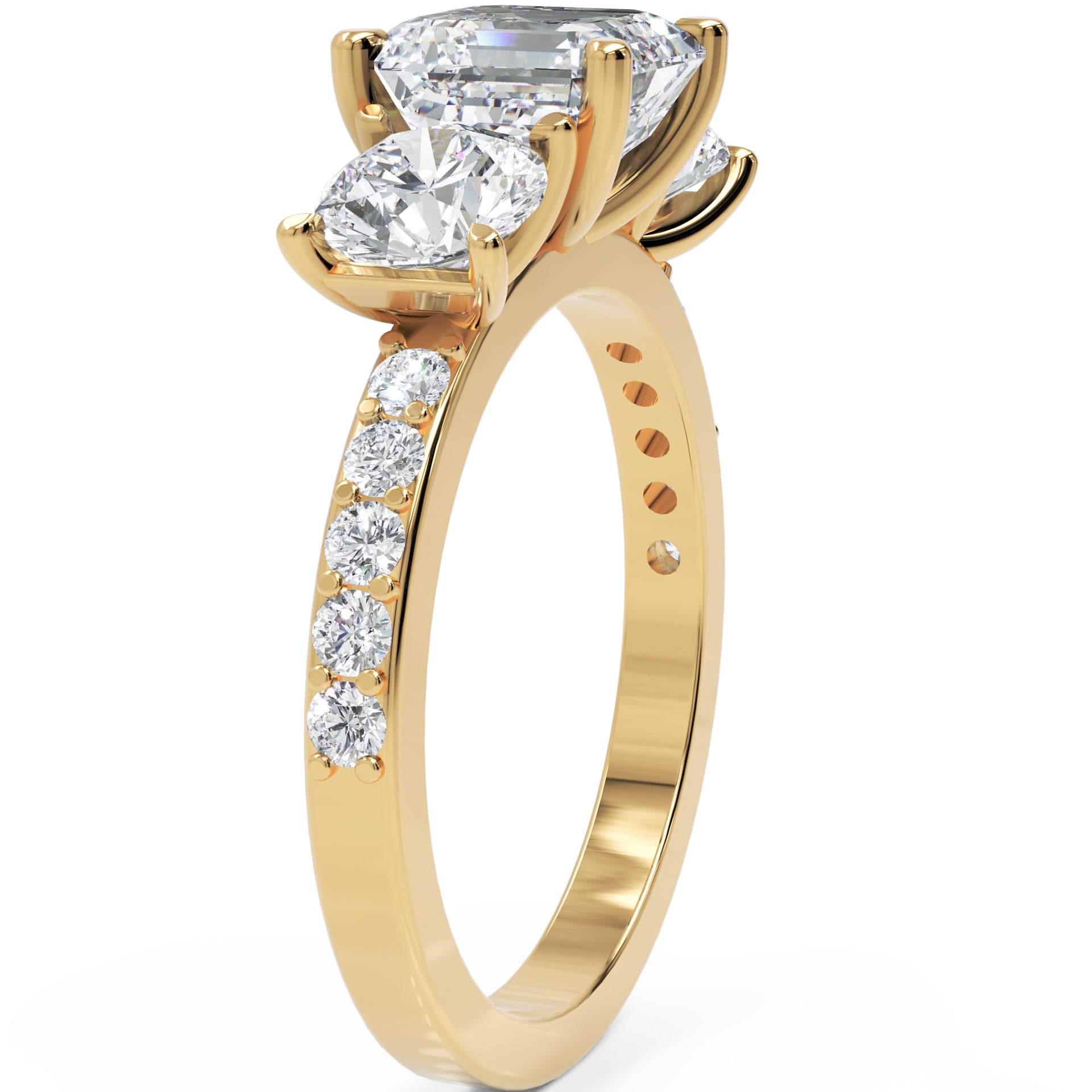 Inel de Logodnă Pave Ava cu Trei Moissanite de 2.6 ct din 18k Aur Galben - Castelo.ro