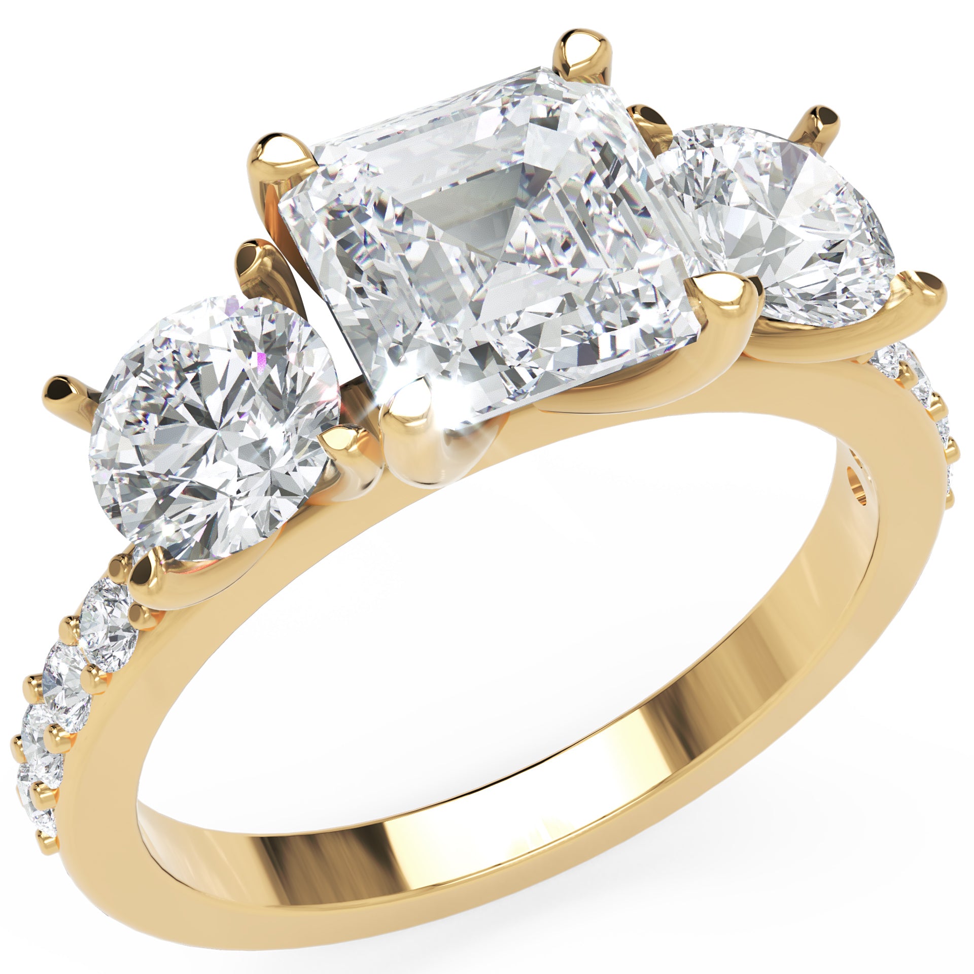 Inel de Logodnă Pave Ava cu Trei Moissanite de 2.6 ct din 18k Aur Galben - Castelo.ro