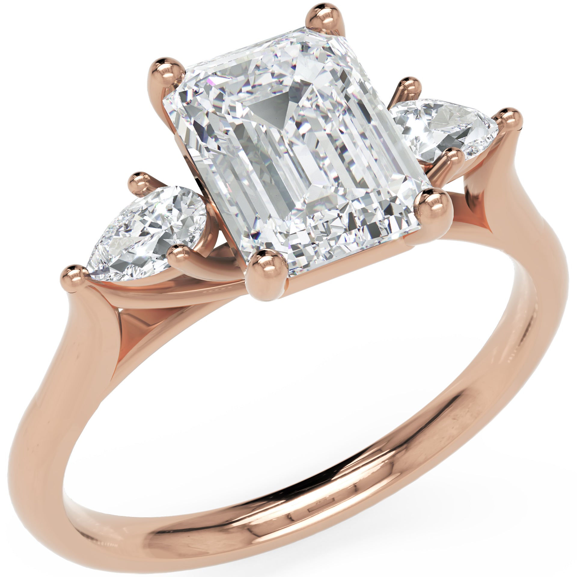 Inel de Logodnă Emerald &amp; Pear cu Trei Moissanite de 1.6 ct din 18k Aur Roz - Castelo.ro