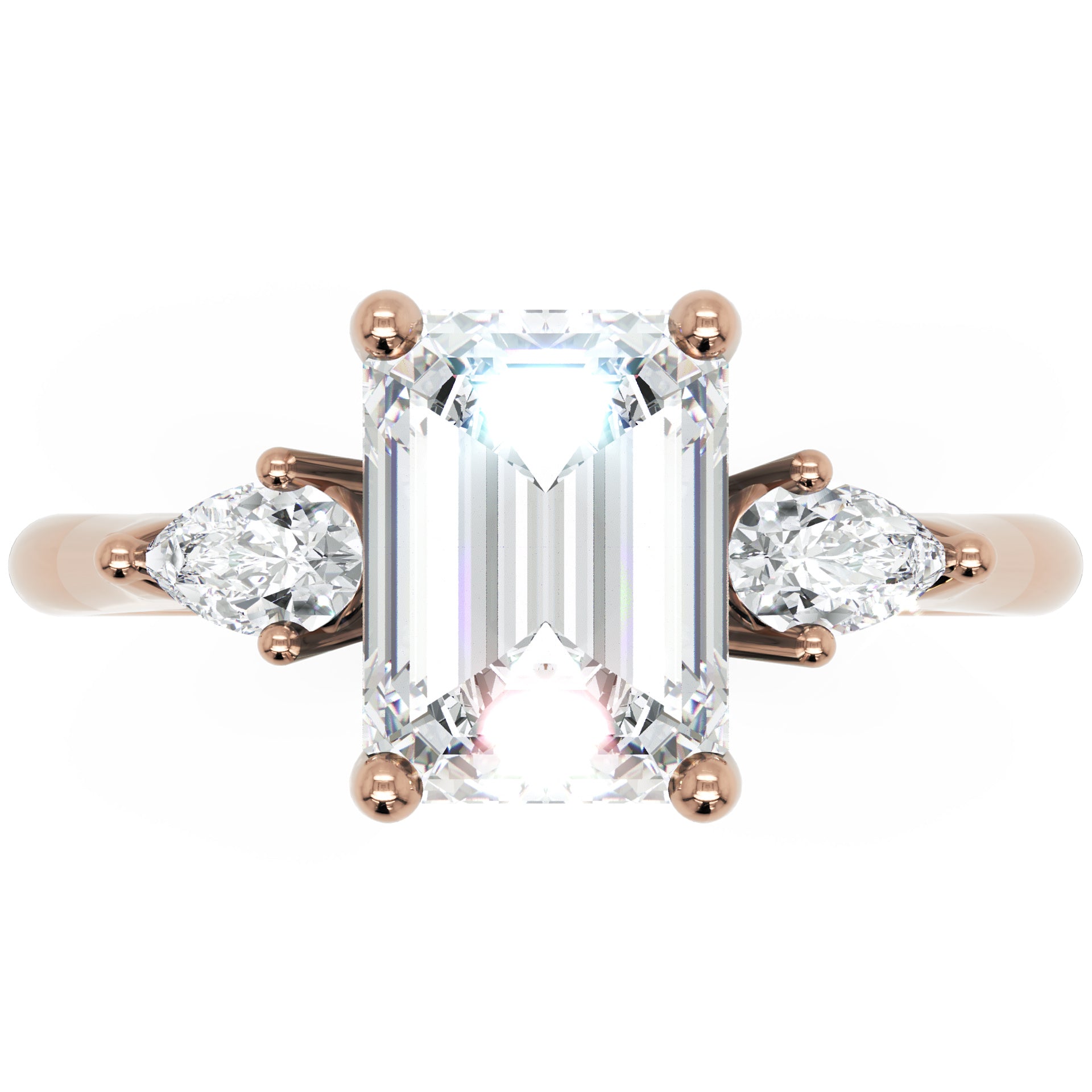 Inel de Logodnă Emerald &amp; Pear cu Trei Moissanite de 1.6 ct din 18k Aur Roz - Castelo.ro