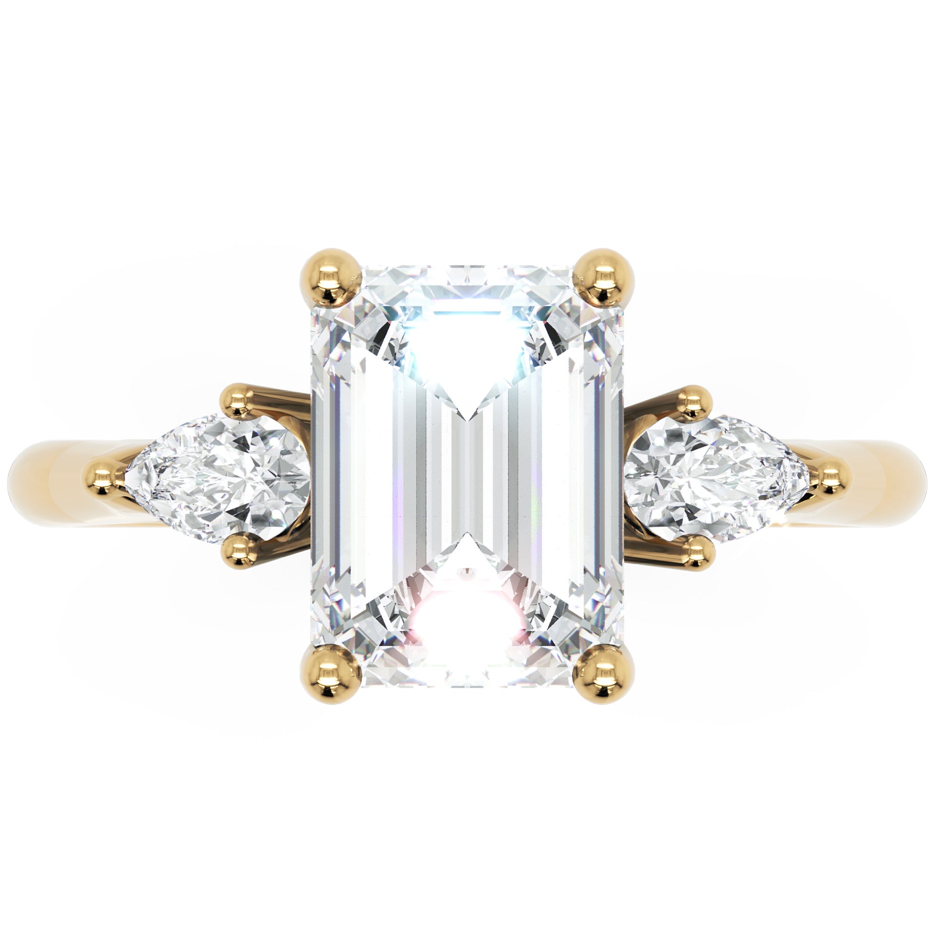 Inel de Logodnă Emerald &amp; Pear cu Trei Moissanite de 1.6 ct din 18k Aur Galben - Castelo.ro