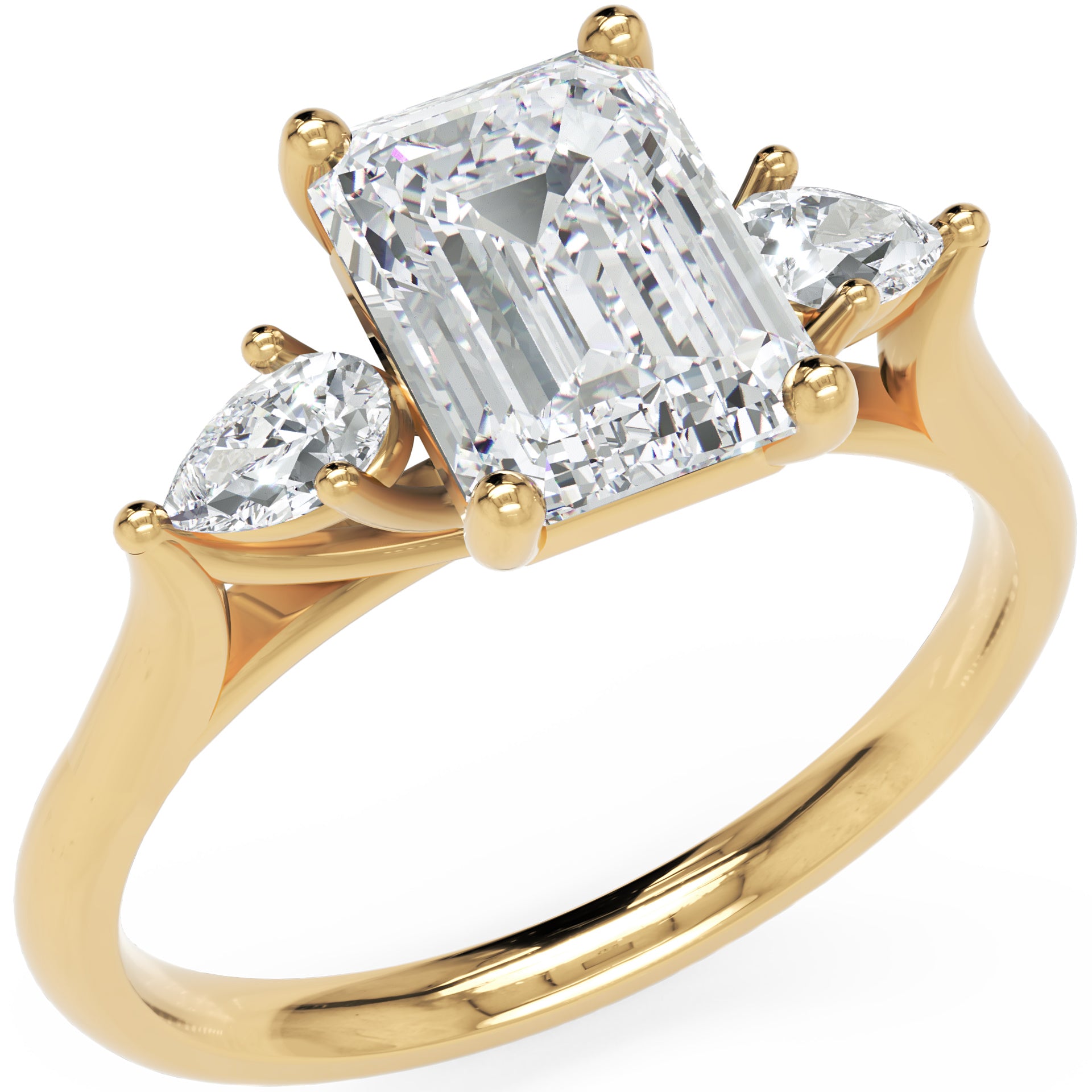 Inel de Logodnă Emerald &amp; Pear cu Trei Moissanite de 1.6 ct din 18k Aur Galben - Castelo.ro