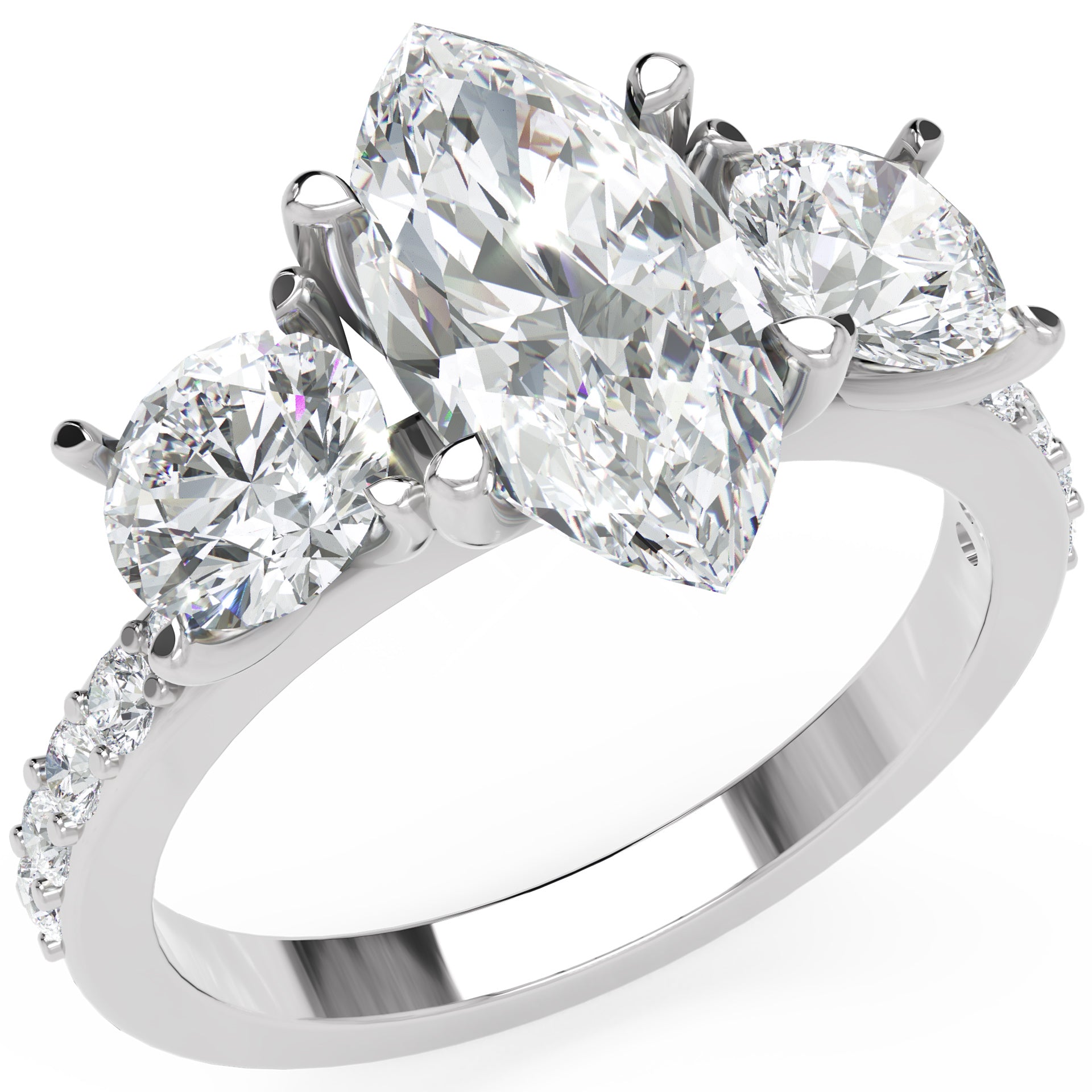Inel de Logodnă Marquise x Contesse din Aur 14k cu Trei Moissanite de 2.5 ct din 14k Aur Alb - Castelo.ro