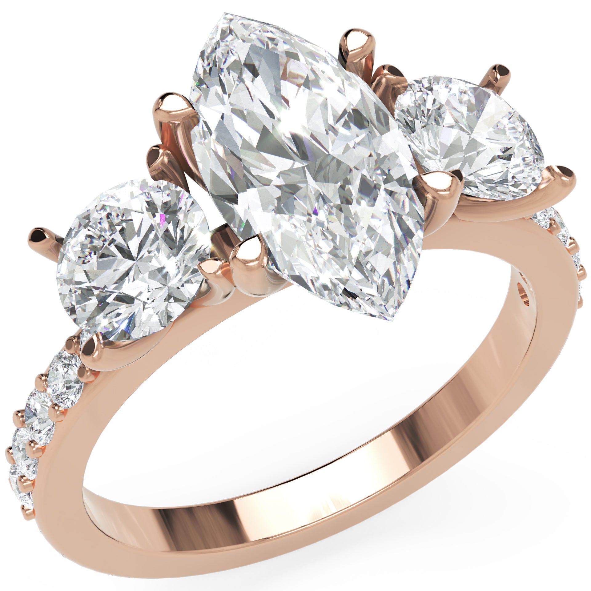 Inel de Logodnă Marquise x Contesse din Aur 14k cu Trei Moissanite de 2.5 ct din 14k Aur Roz - Castelo.ro