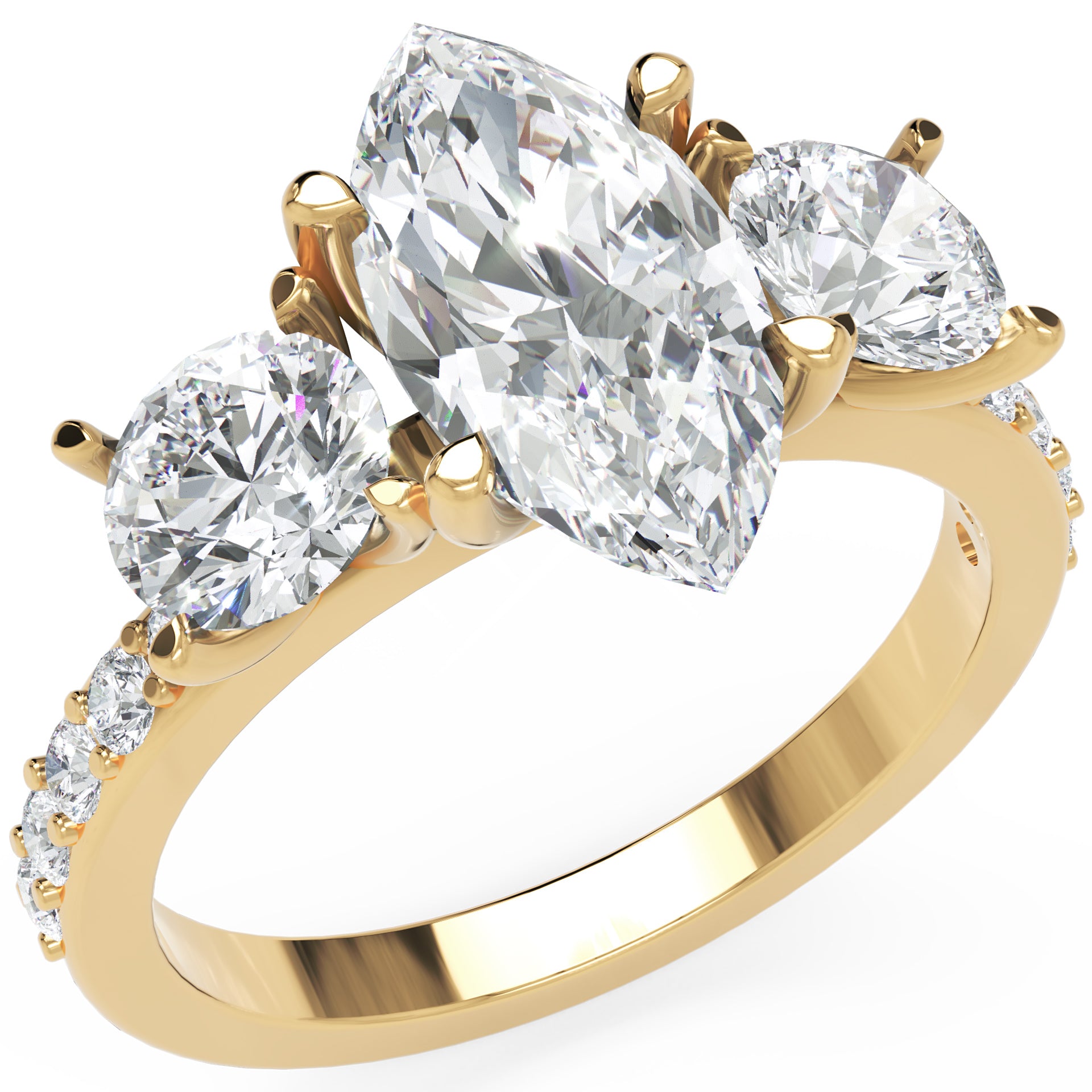 Inel de Logodnă Marquise x Contesse din Aur 14k cu Trei Moissanite de 2.5 ct din 14k Aur Galben - Castelo.ro