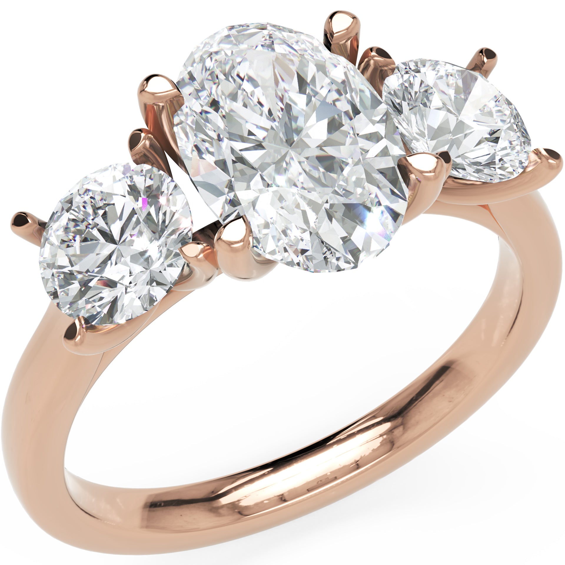 Inel de Logodnă Oval &amp; Round din Aur 14k cu Trei Diamante Create în Laborator de 2.3 ct