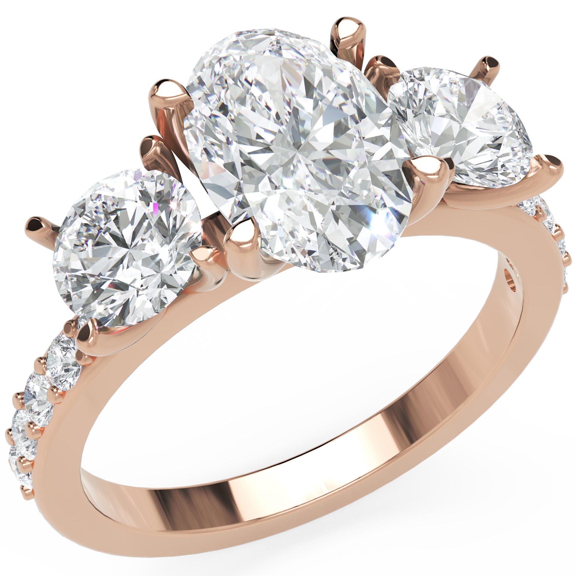 Inel de Logodnă Oval &amp; Round Pave cu Trei Diamante Create în Laborator de 2.5 ct
