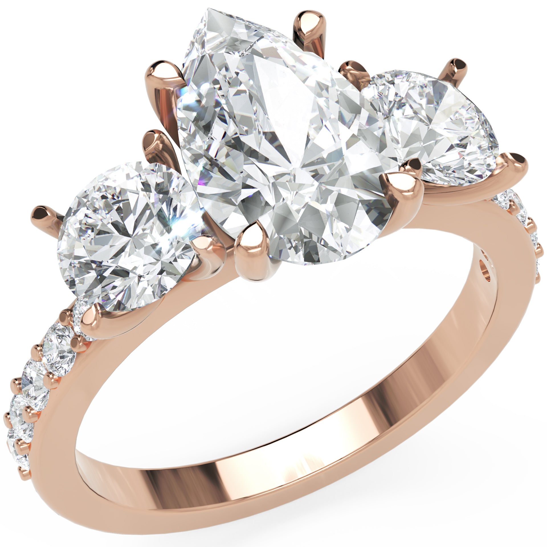 Inel de Logodnă din Aur 14k cu Trei Diamante Naturale Pară și Rotund Pave de 2.5 ct
