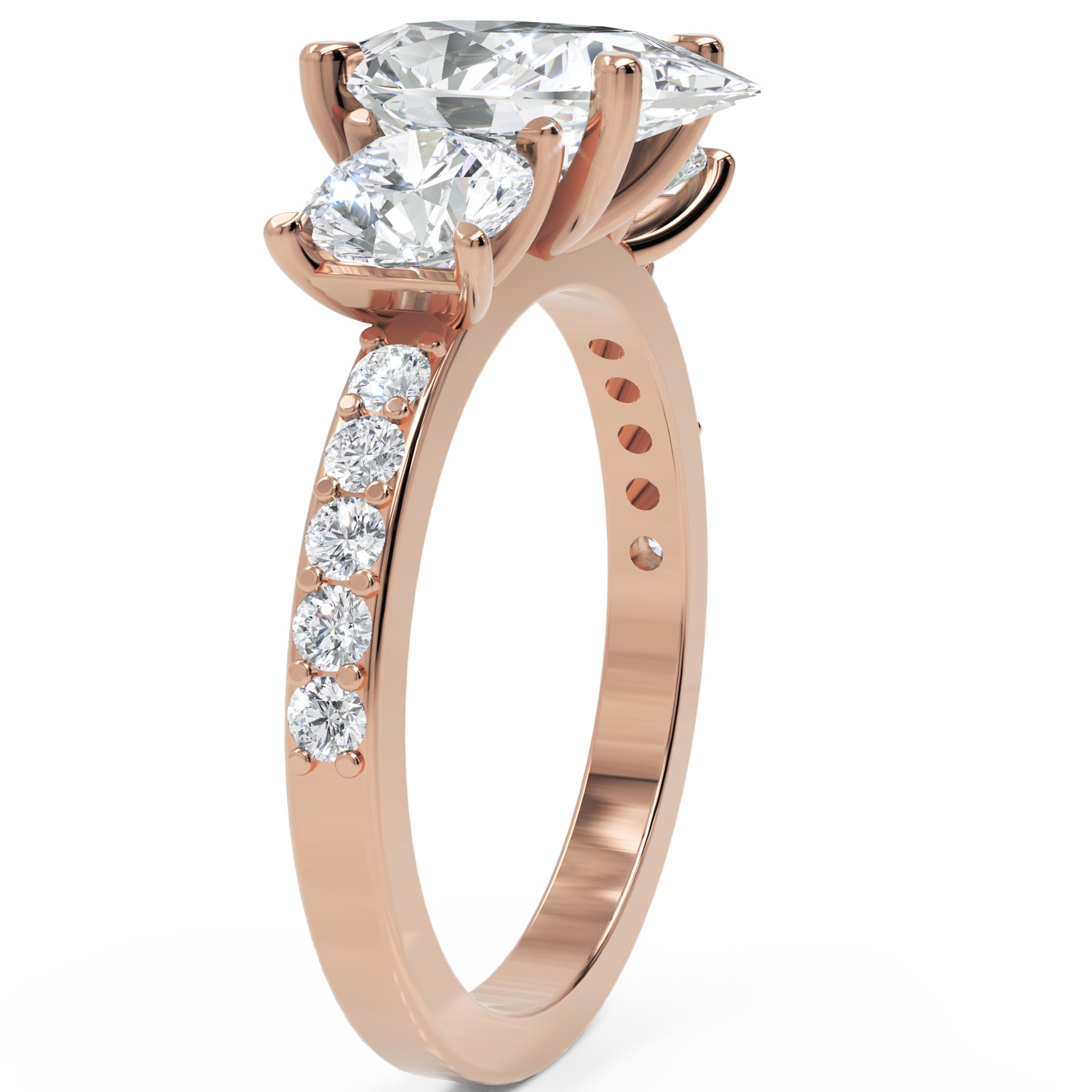 Inel de Logodnă din Aur 14k cu Trei Diamante Naturale Pară și Rotund Pave de 2.5 ct