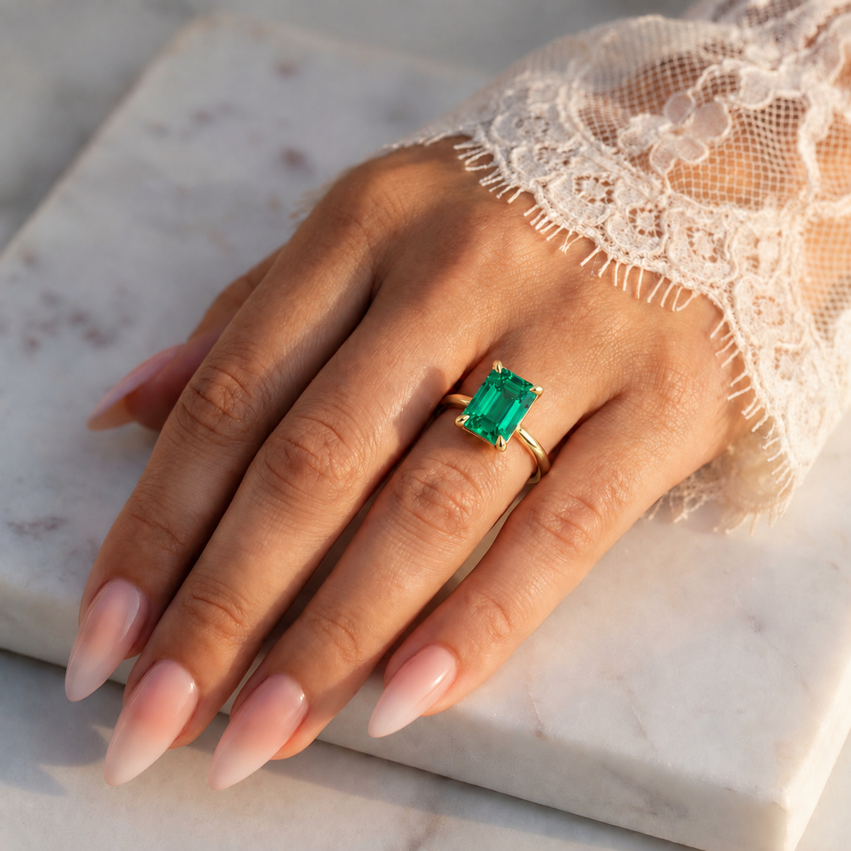 Inel de Logodnă Raphael din Aur 14k cu Smarald Creat în Laborator Emerald Cut 8x10 mm din 14k Aur Galben - Castelo.ro