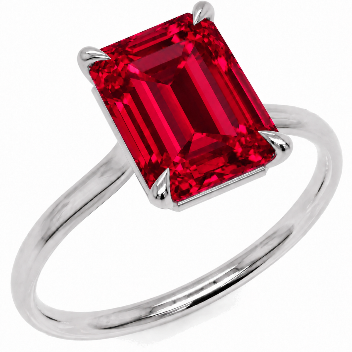 Inel de Logodnă Raphael din Aur 14k cu Rubin Creat în Laborator Emerald Cut 8x10 mm din 14k Aur Alb - Castelo.ro